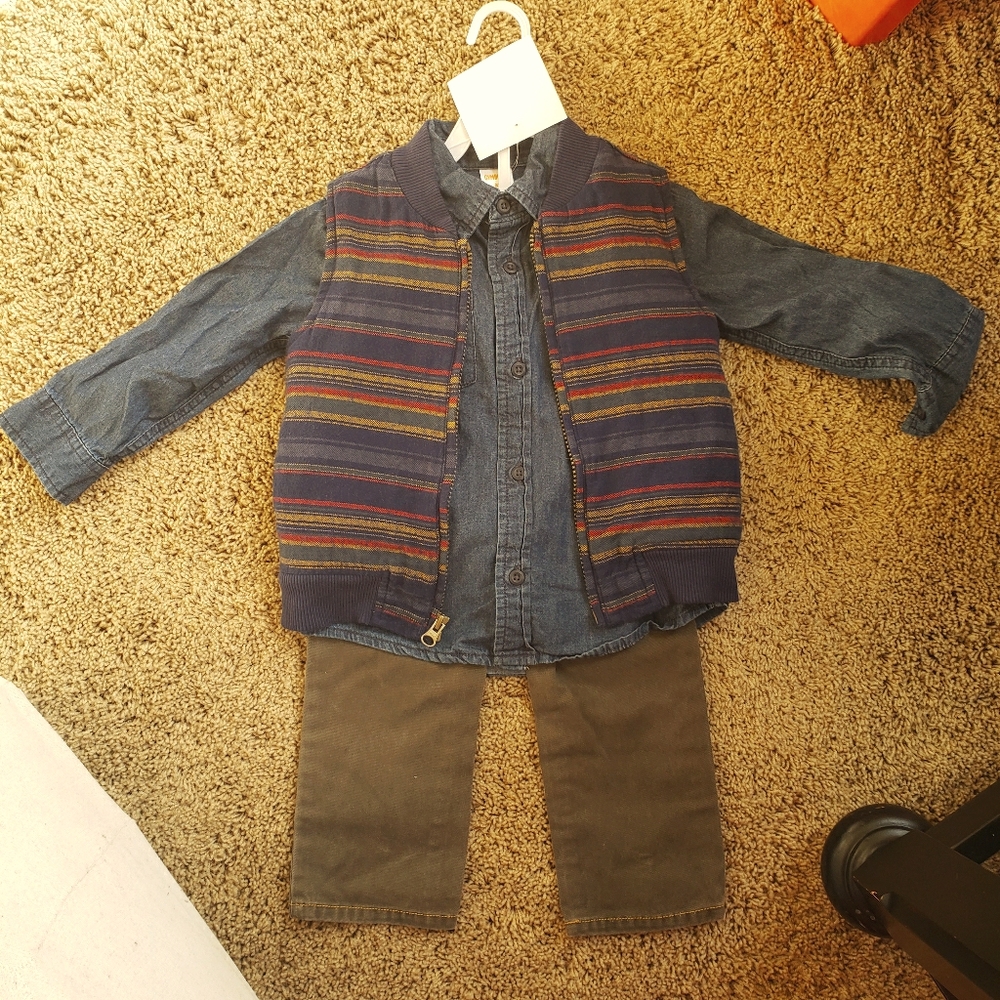 2T Gymboree Denim Shirt, Striped Vest & Olive Straight Fit Jeans - 3pc Outfit